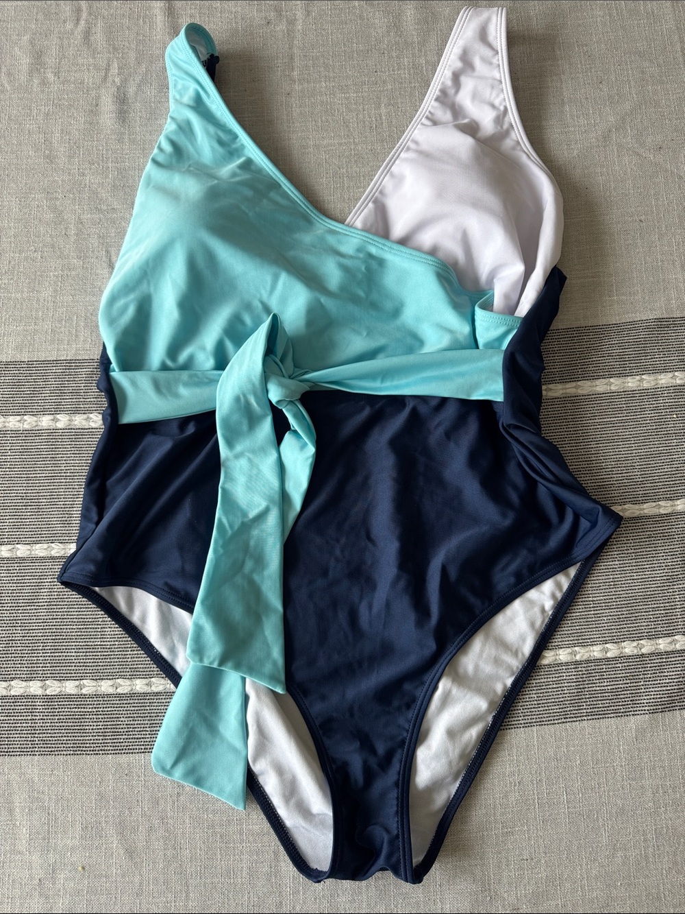 SHEIN Navy and Aqua One-Piece Swimsuit with Waist Tie
